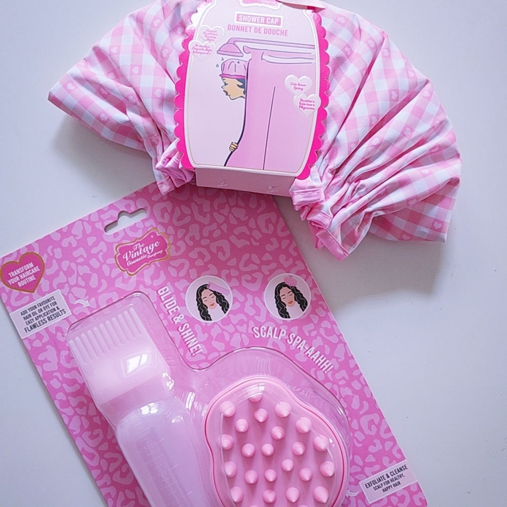 Vintage Pink Shower Cap and Scalp Massager